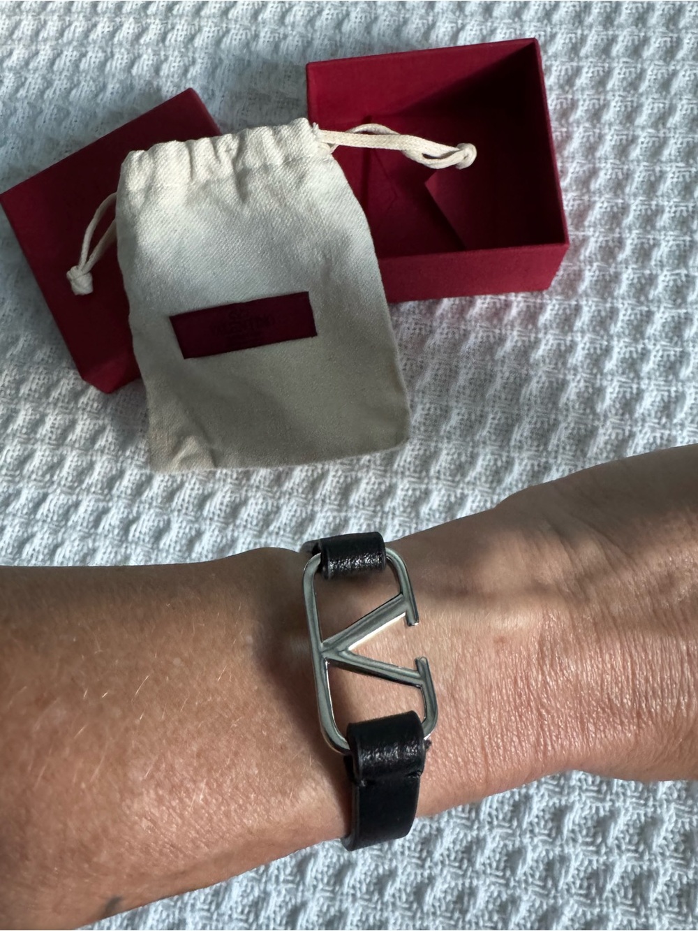 Valentino Garavani Black Leather V-Logo Bracelet with Silver Hardware